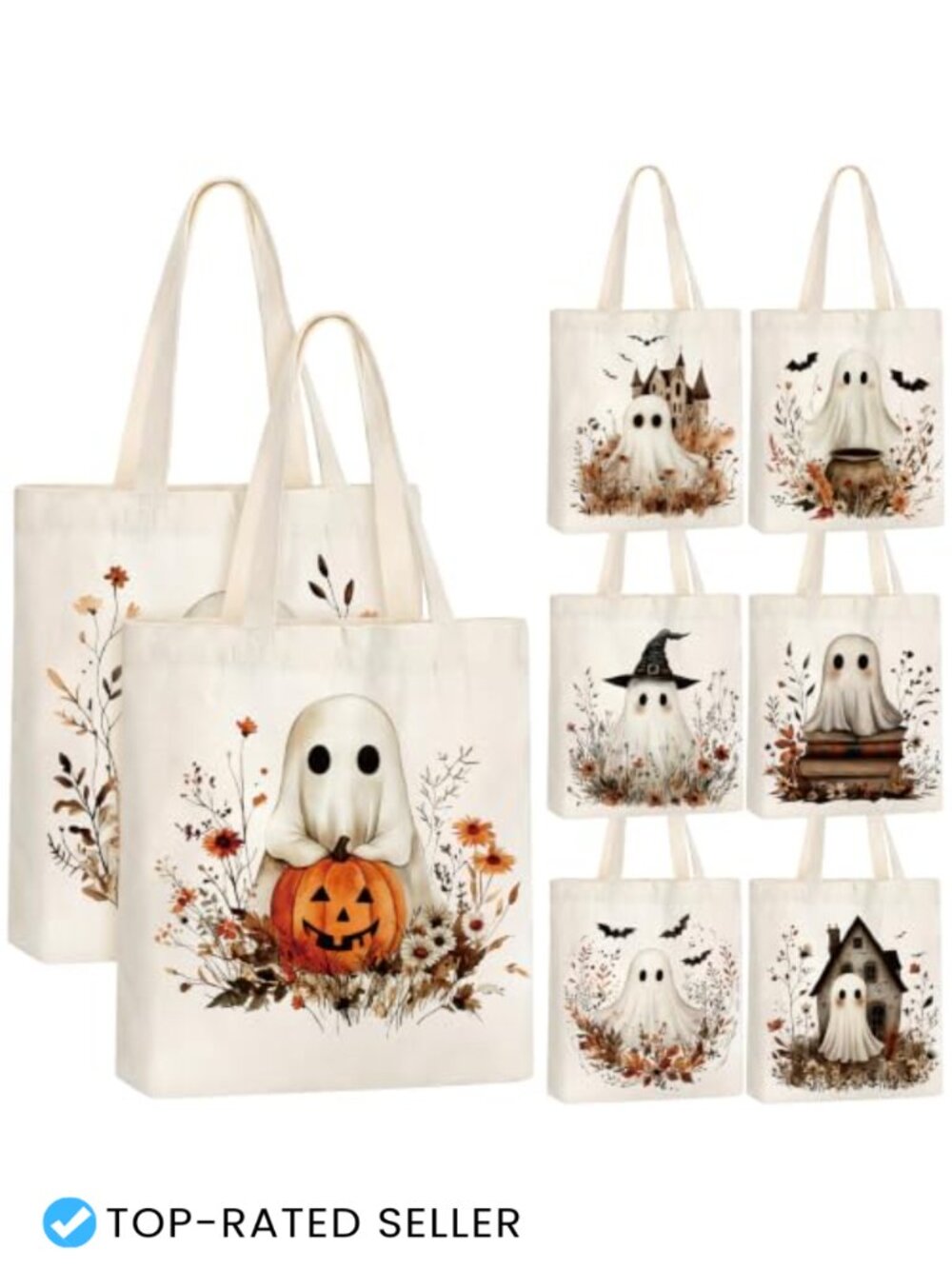 8 Pack Halloween Boho Ghost Canvas Tote Bags Trick or Treat Party Favors